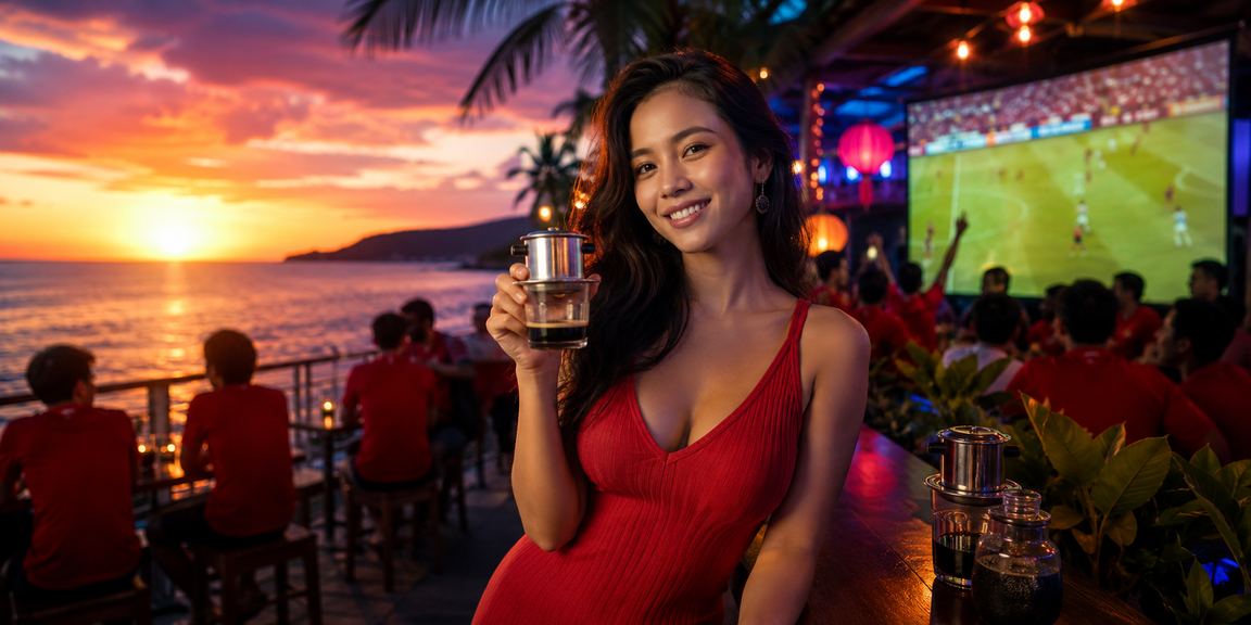 Người dùng tại Phú Quốc theo dõi cá cược bóng đá trực tuyến bên ly cà phê buổi sáng